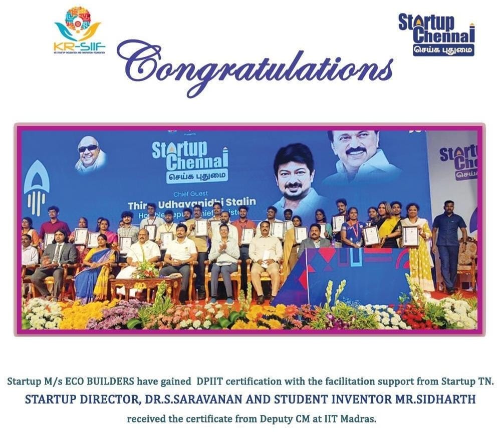 DPIIT certificate for startup ECO BUILDERS received at IIT Madras